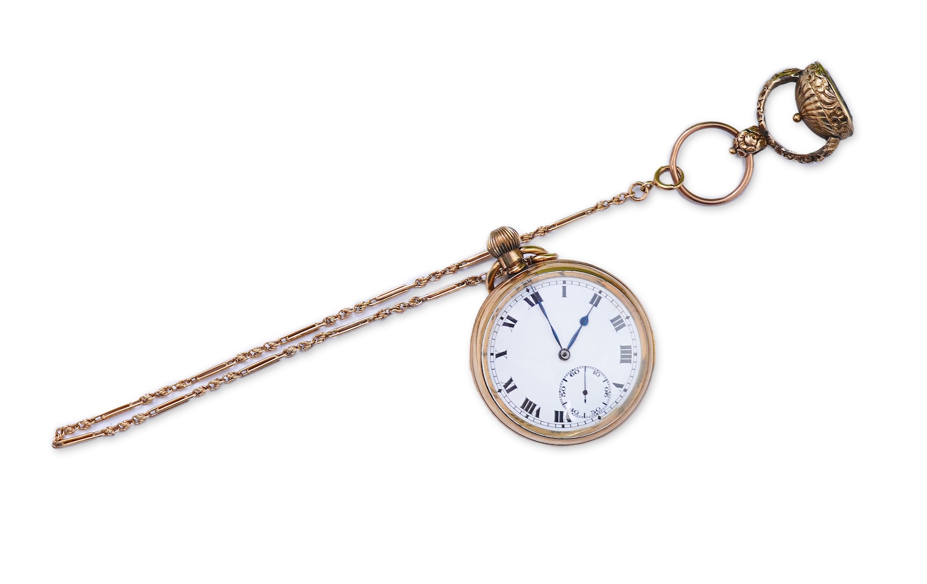 An amethyst fob seal, a gold Albert chain, and a pocket watch